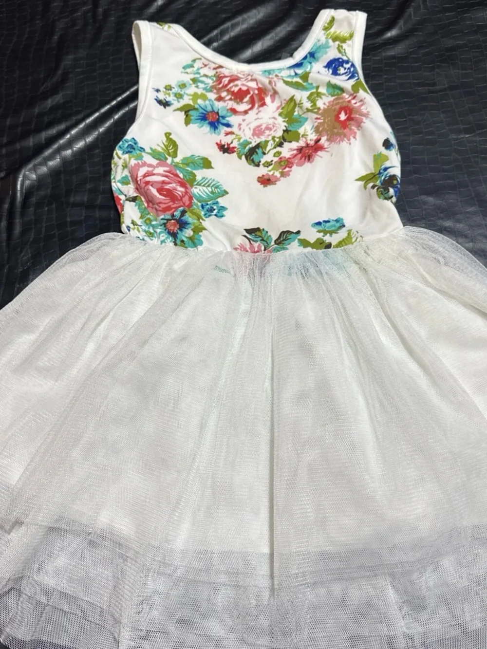 Floral White Tulle Party Dress with Blue Bow